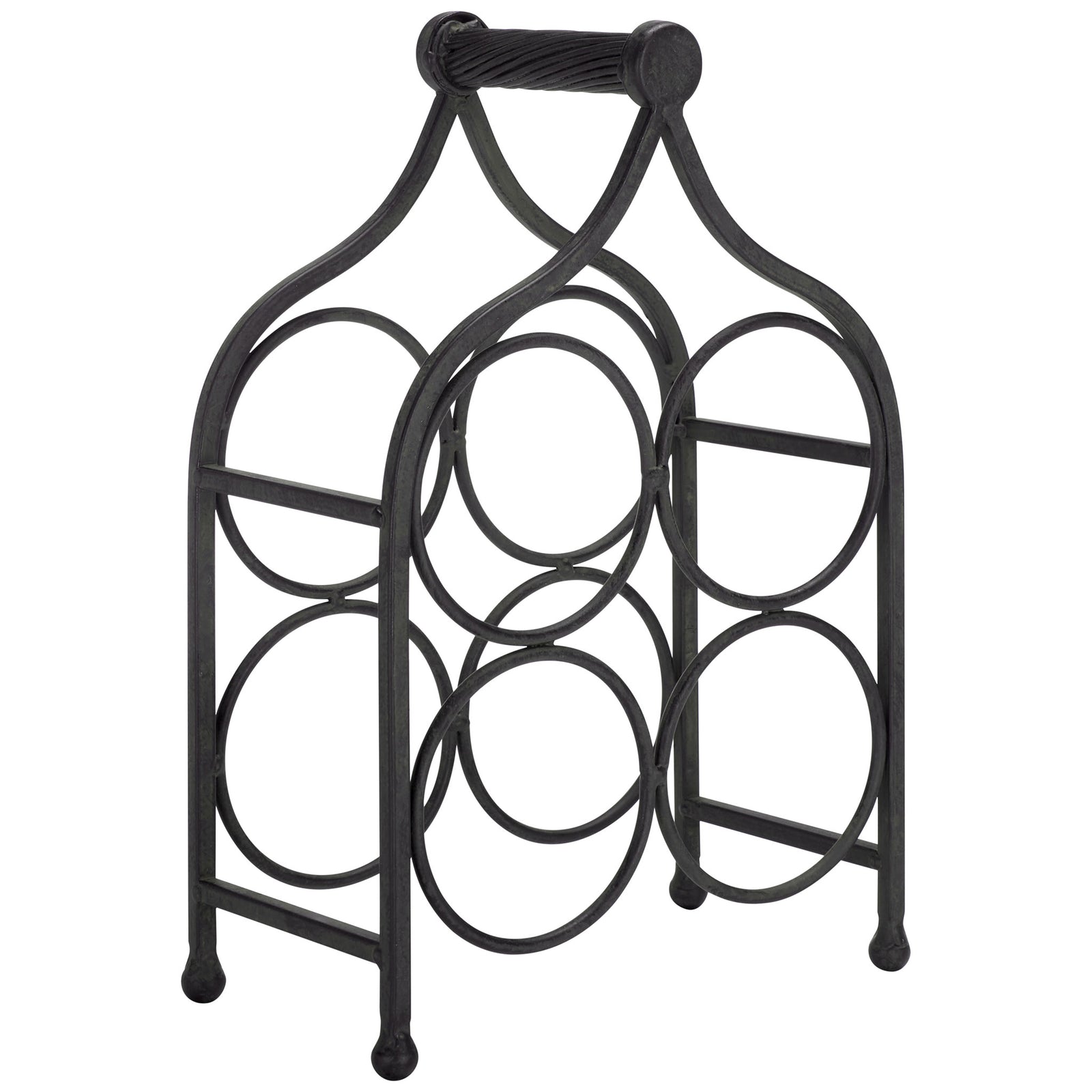 Graceful black iron arches frame two tiers of open wine bottle cradles. || PAT5041E || front_angle_studio