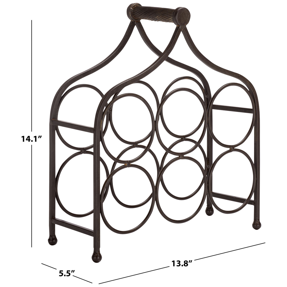 Six-bottle iron rack measures 13.8 inches wide, 5.5 inches deep, and 14.1 inches high. || PAT5042B || dimension_studio