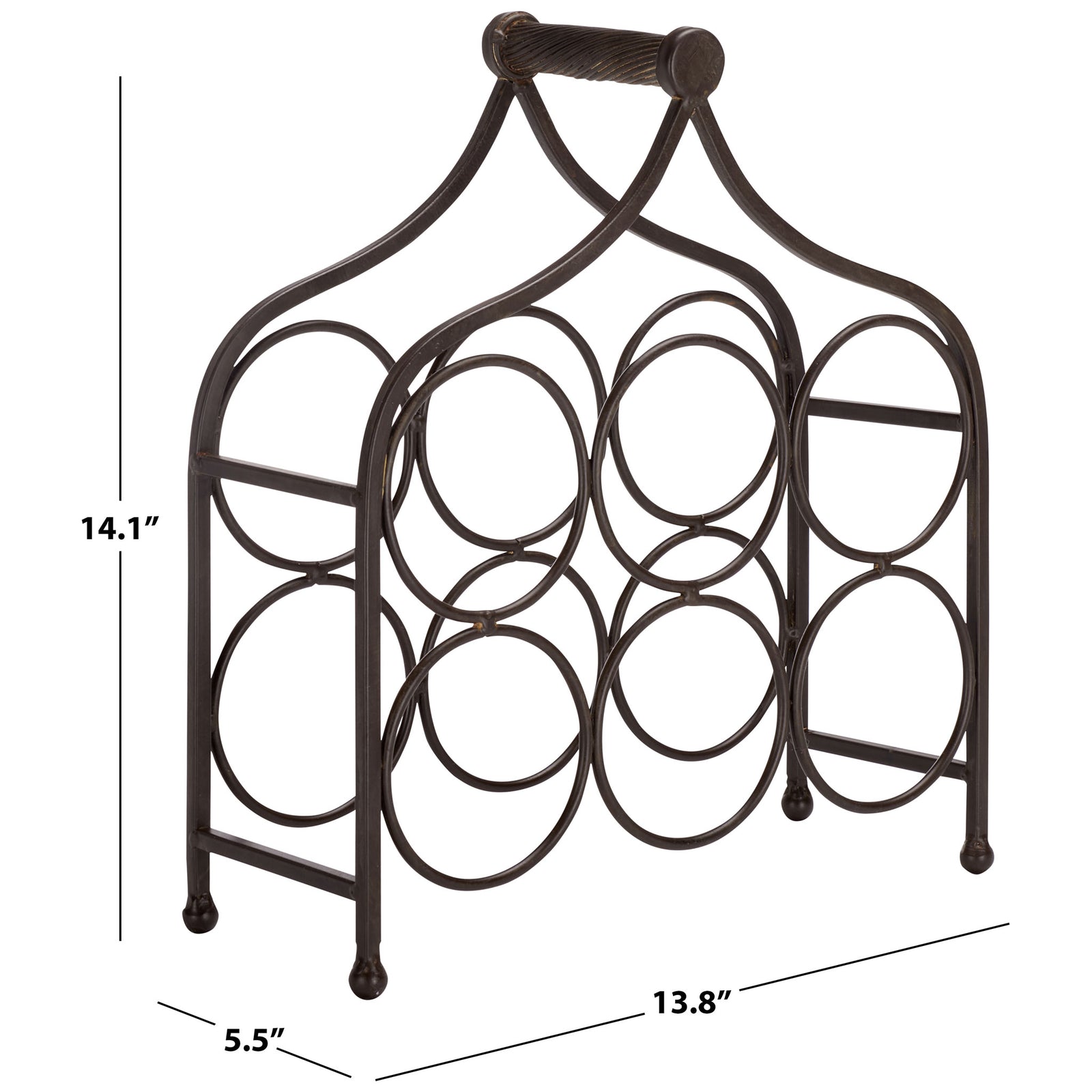Six-bottle iron rack measures 13.8 inches wide, 5.5 inches deep, and 14.1 inches high. || PAT5042B || dimension_studio
