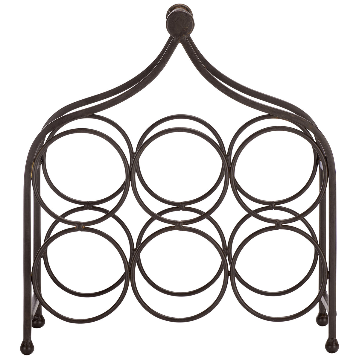 Six round bottle cradles create a symmetrical display in warm brown iron. || PAT5042B || front_studio