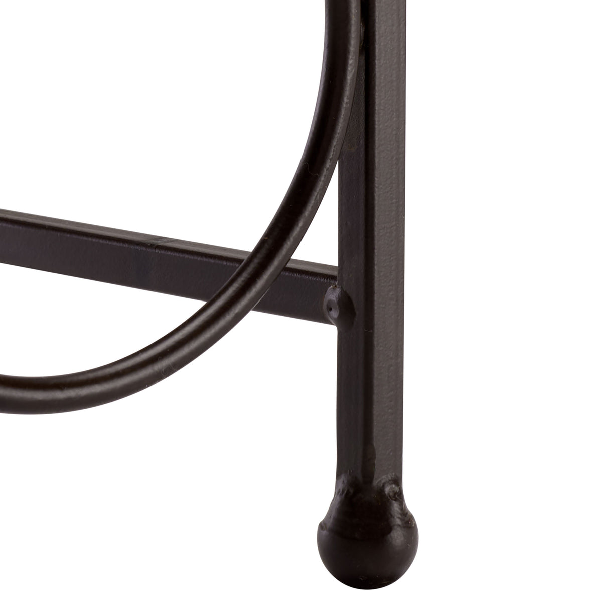 Rounded brown iron feet support the six-bottle holder's openwork frame. || PAT5042B || leg_studio