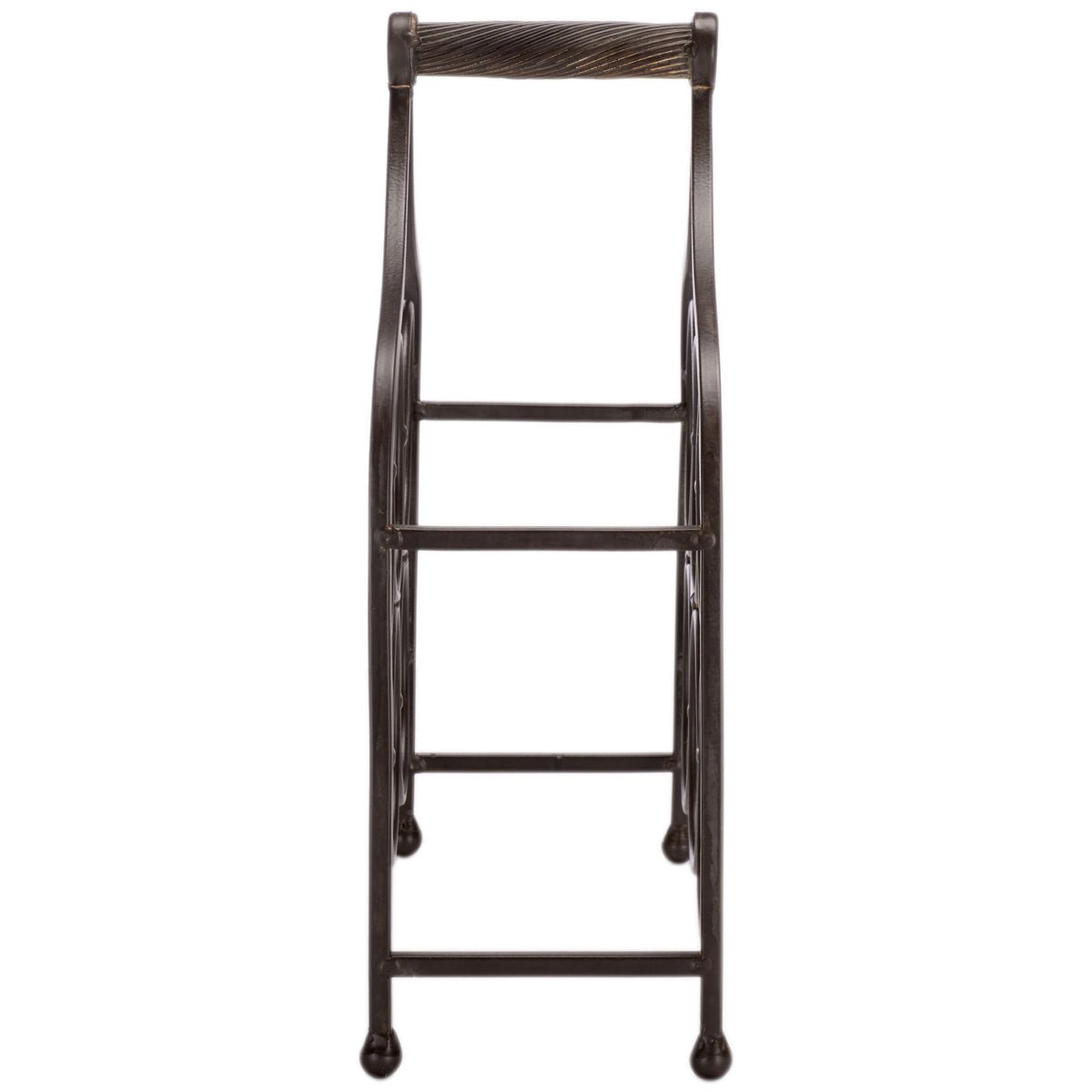 A slender brown iron frame supports six bottles without crowding a table. || PAT5042B || side_studio