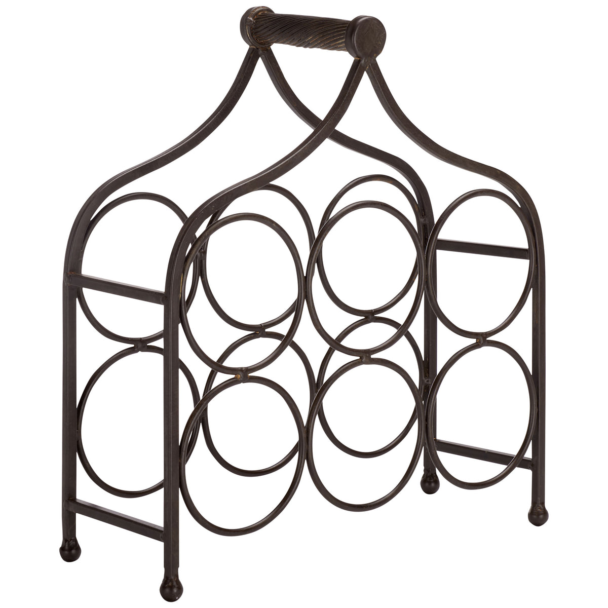 Three pairs of brown iron rings provide generous storage in a graceful frame. || PAT5042B || front_angle_studio