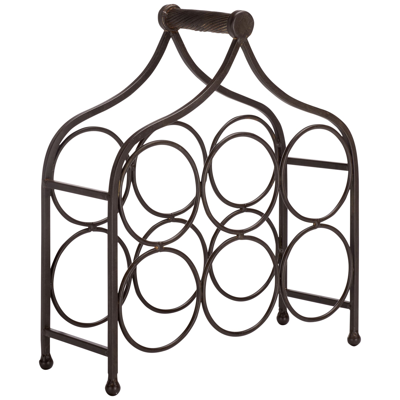 Six round bottle cradles create a symmetrical display in warm brown iron. || PAT5042B || front_studio