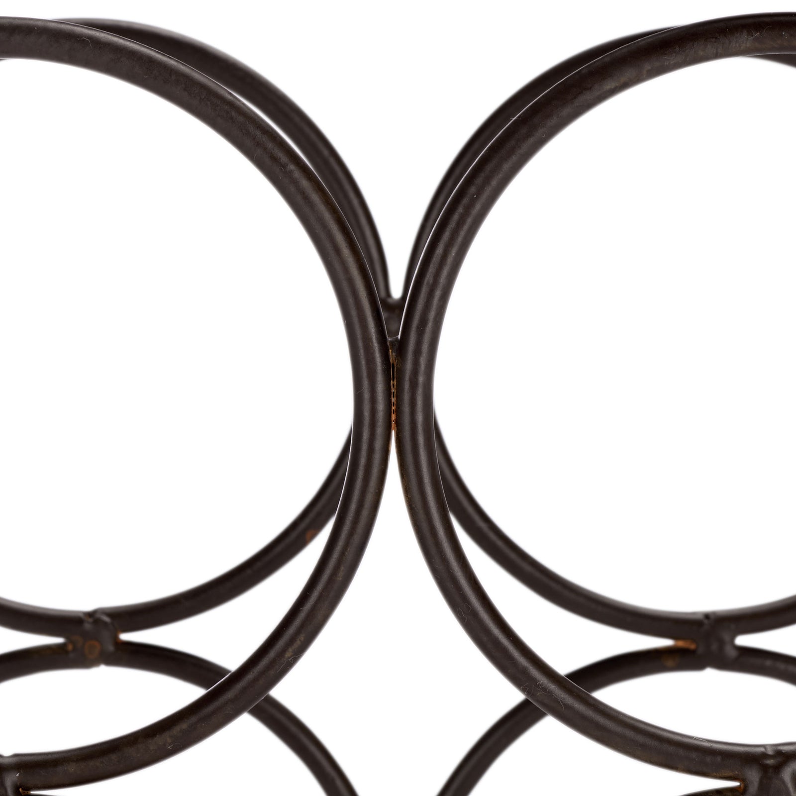 Paired brown iron rings add an airy geometric rhythm to the wine holder. || PAT5042B || storage_studio