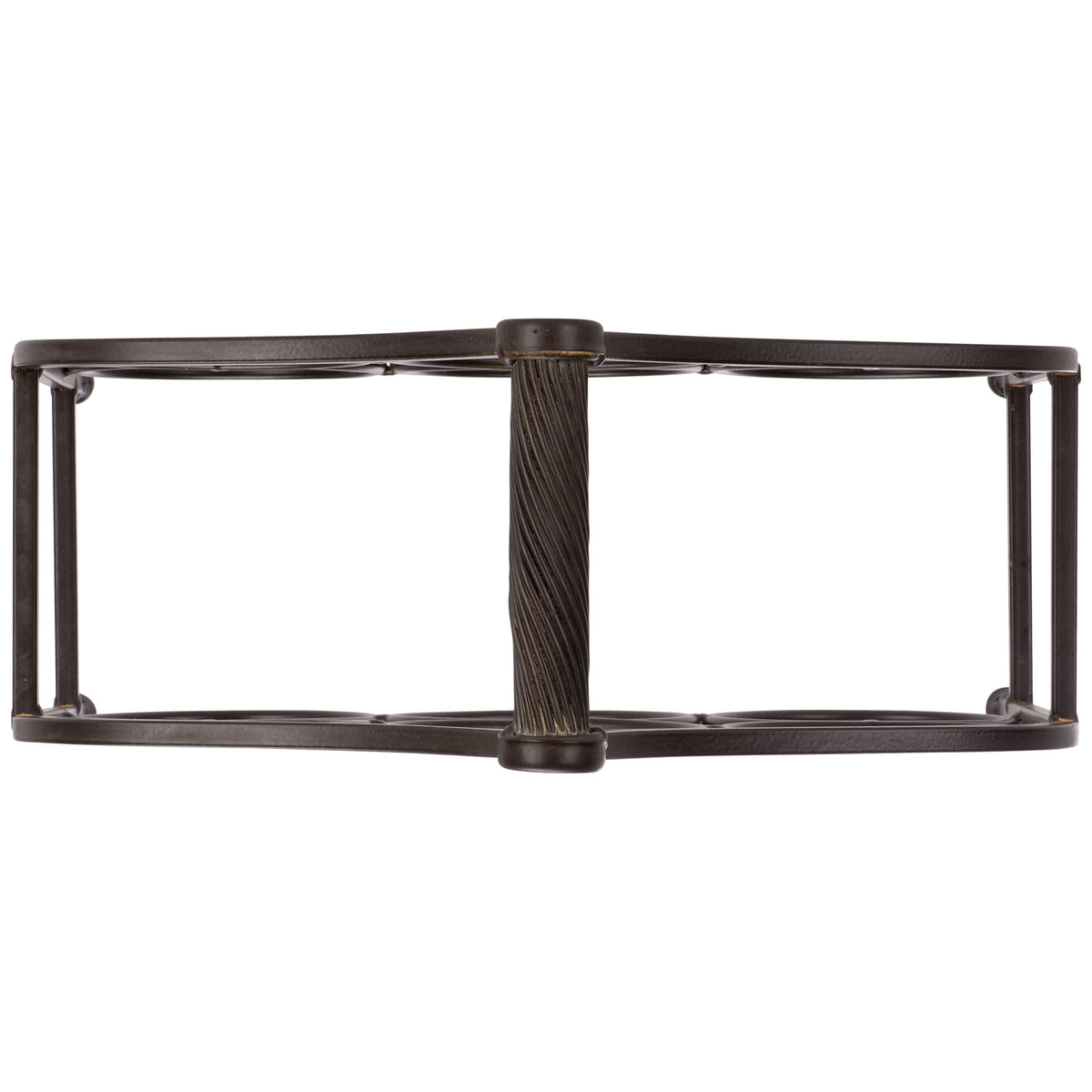 A twisted carry handle unites the wine rack's broad brown iron frame. || PAT5042B || top_studio