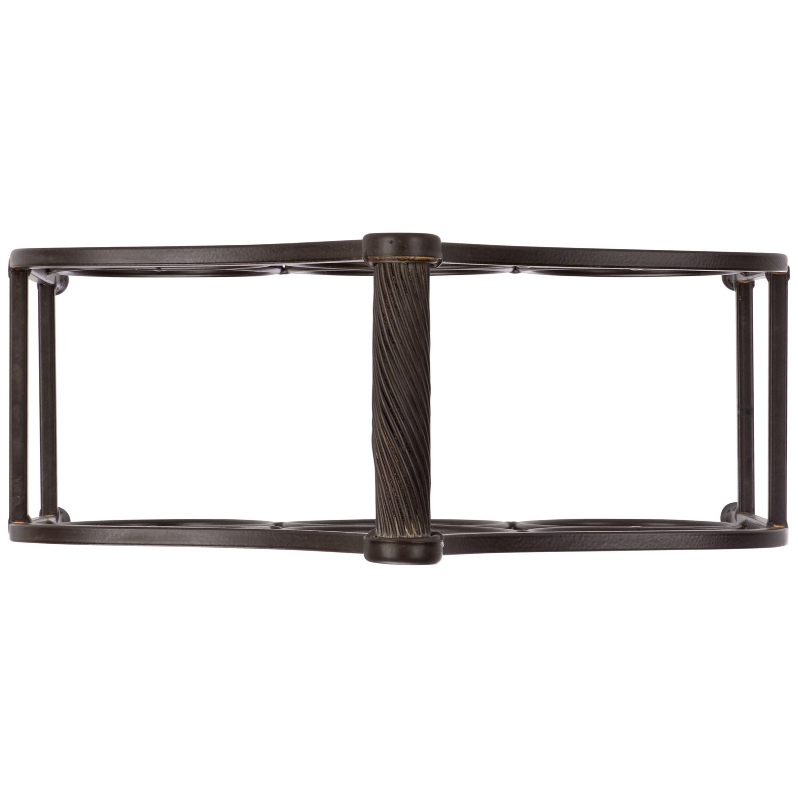 A twisted carry handle unites the wine rack's broad brown iron frame. || PAT5042B || top_studio