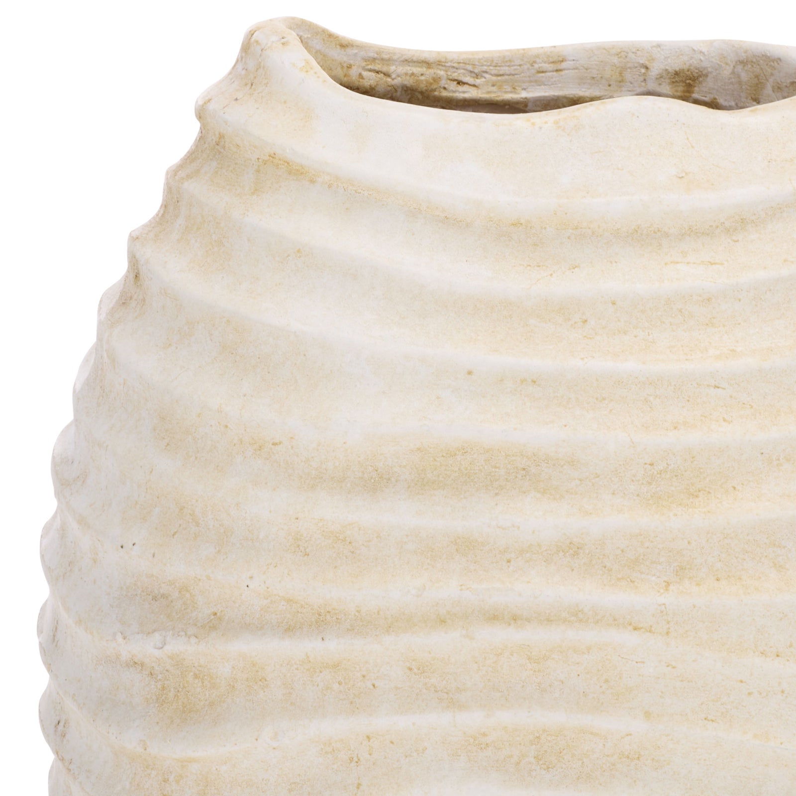 A naturally uneven rim tops the off-white planter's gently raised, flowing bands || PAT5043A || detail_studio