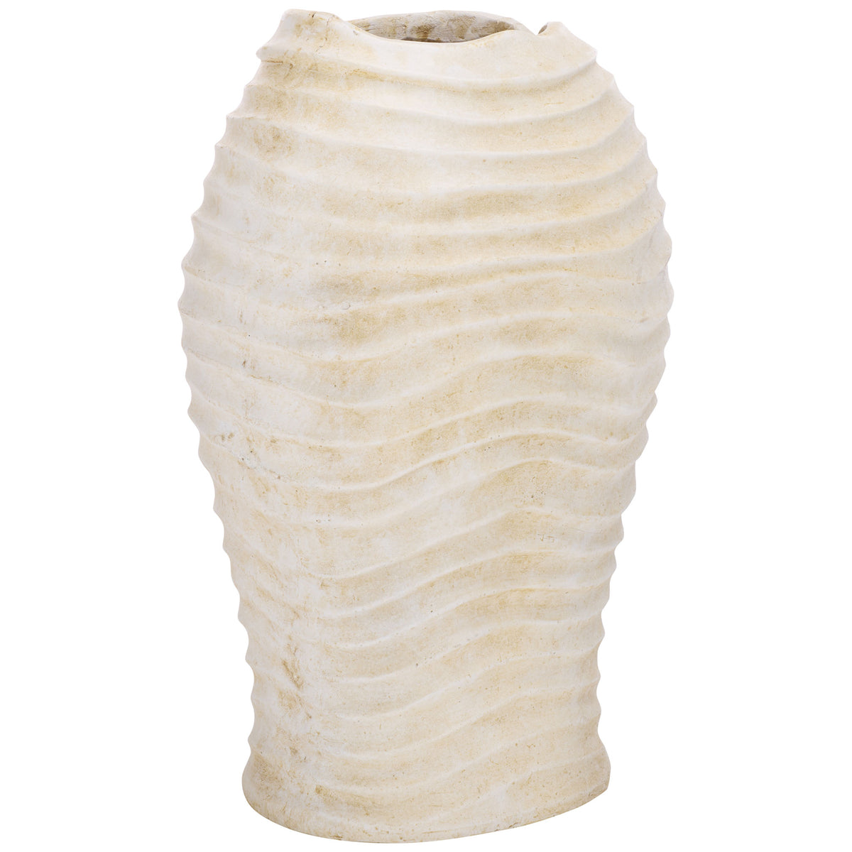 Flowing ivory ribs give the off-white planter's gently tapered body organic texture || PAT5043A || front_angle_studio