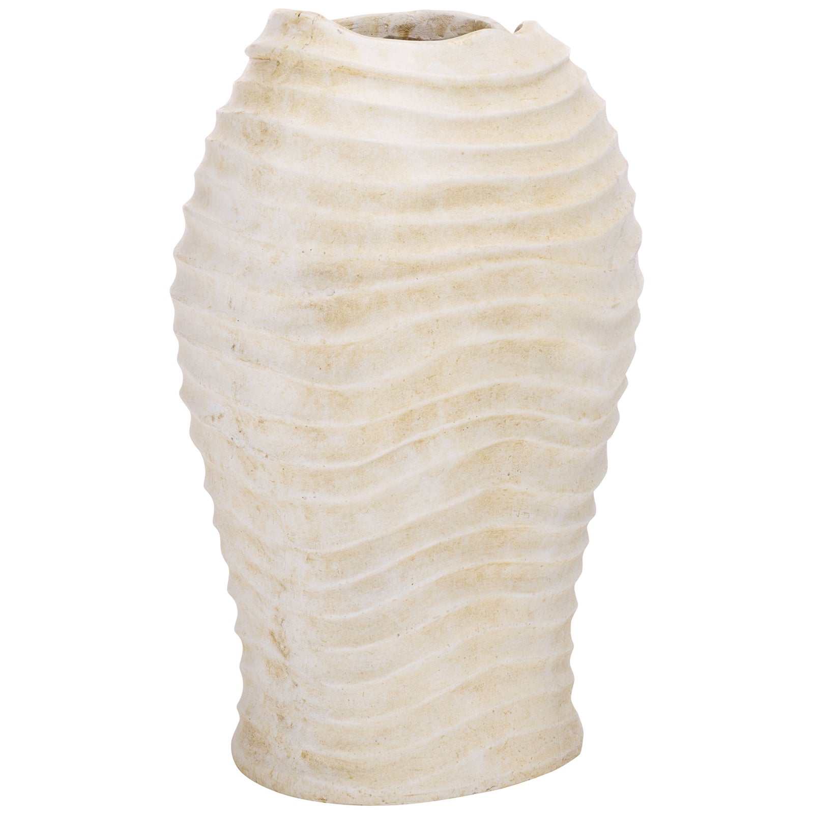 Flowing ivory ribs give the off-white planter's gently tapered body organic texture || PAT5043A || front_angle_studio