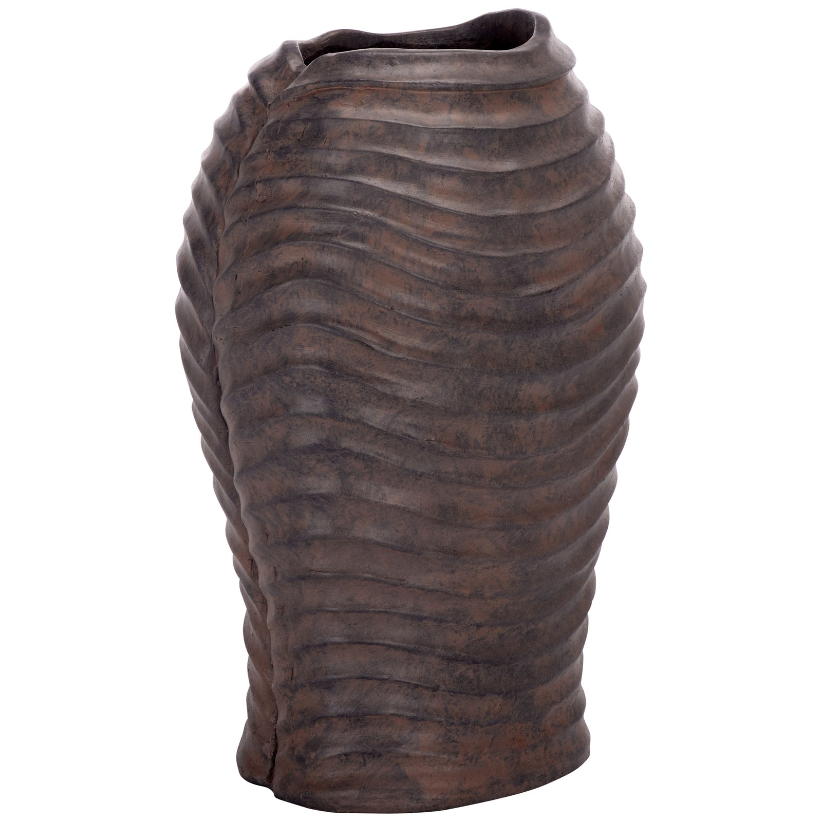 Warm brown and charcoal tones accentuate the planter's sweeping raised bands || PAT5043B || back_angle_studio