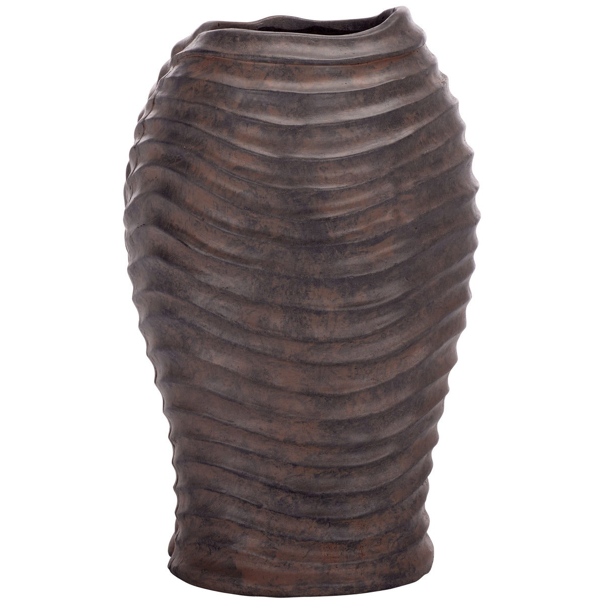 Rustic brown planter has undulating ridges, a narrow base, and an uneven rim || PAT5043B || back_studio