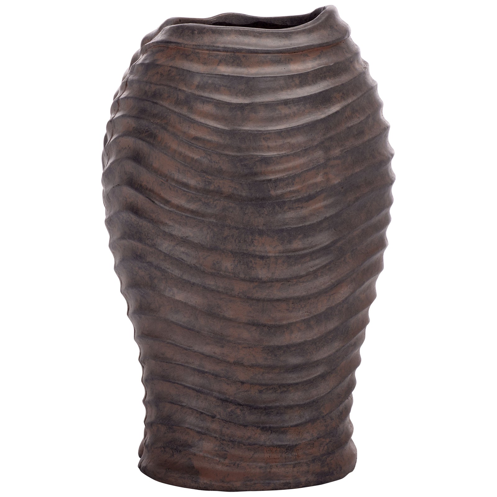 Rustic brown planter has undulating ridges, a narrow base, and an uneven rim || PAT5043B || back_studio