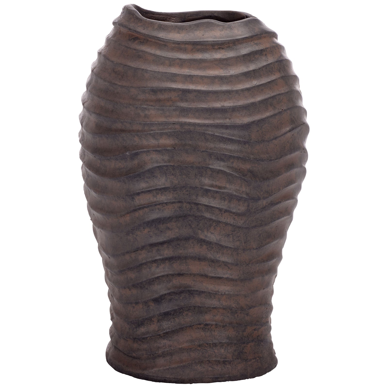 Mottled brown planter features rounded shoulders, a slender base, and rolling ribbed texture || PAT5043B || front_studio