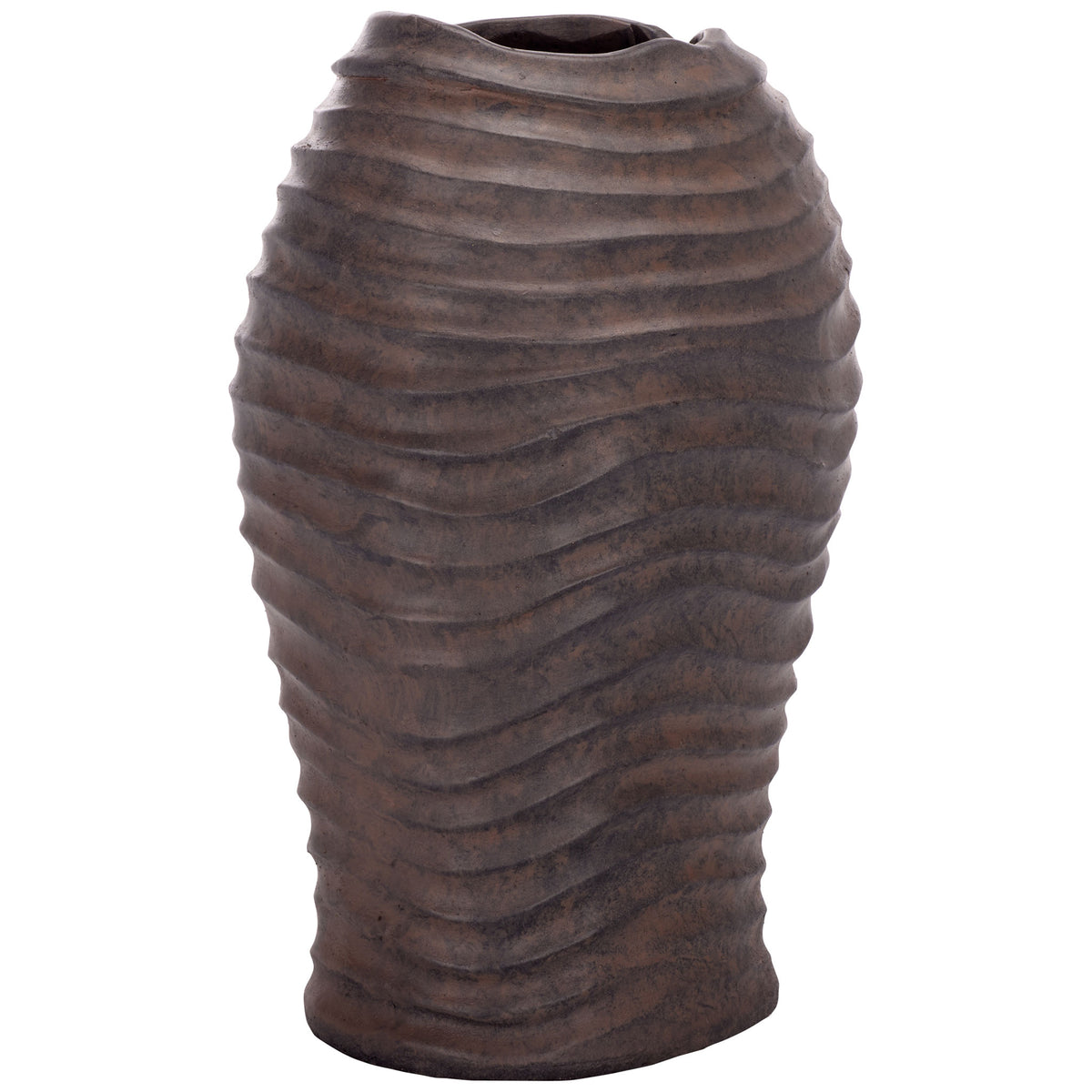 Sculpted waves wrap around the brown planter's rounded body and taper toward the base || PAT5043B || front_angle_studio