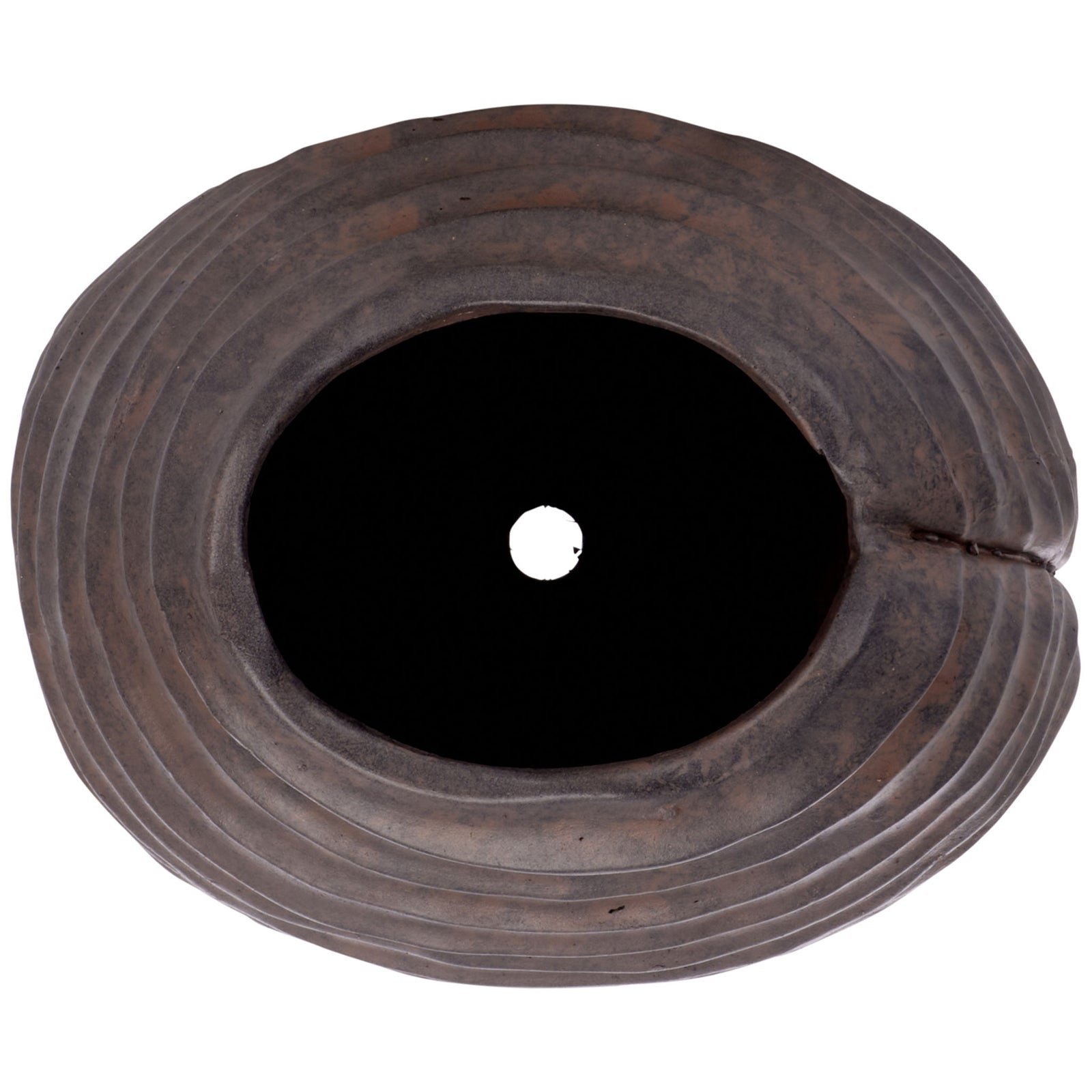 An oval opening reveals the brown planter's inner drainage hole beneath its textured rim || PAT5043B || top_studio