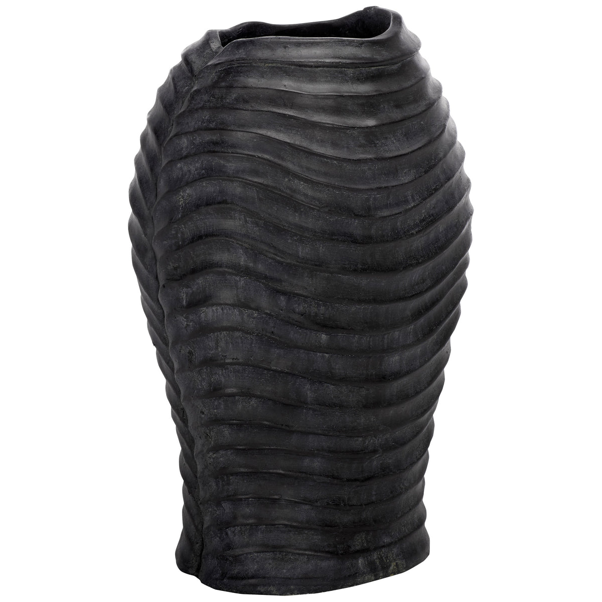 Raised black ridges sweep across a rounded planter with an organically shaped opening || PAT5043E || back_angle_studio