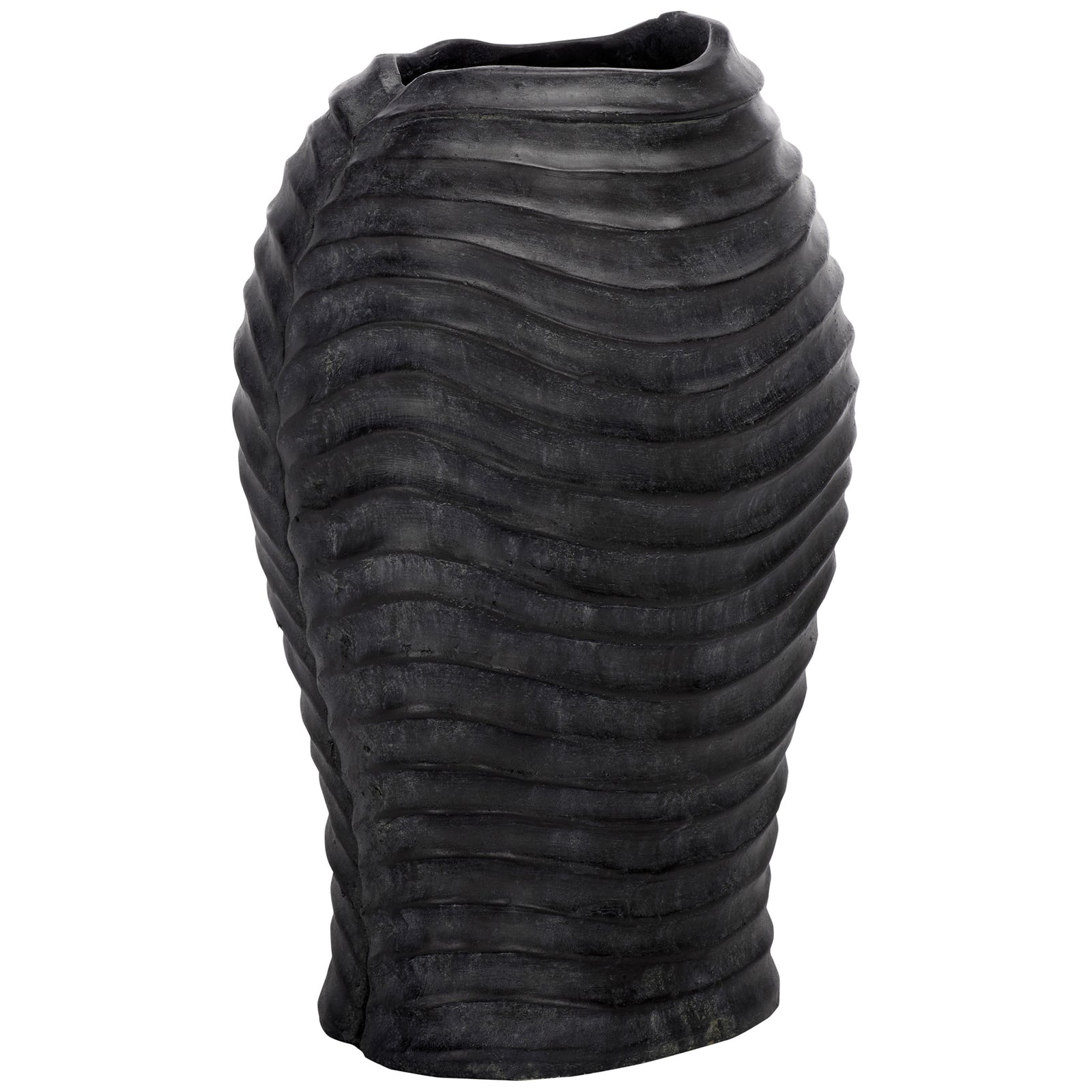 Raised black ridges sweep across a rounded planter with an organically shaped opening || PAT5043E || back_angle_studio