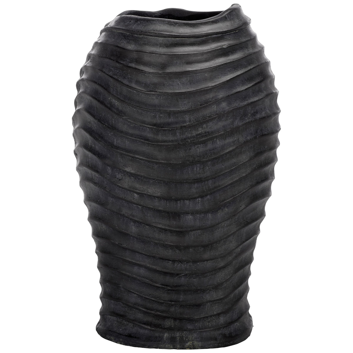 Deep black planter has sculpted waves, a softly uneven rim, and a tapered base || PAT5043E || back_studio
