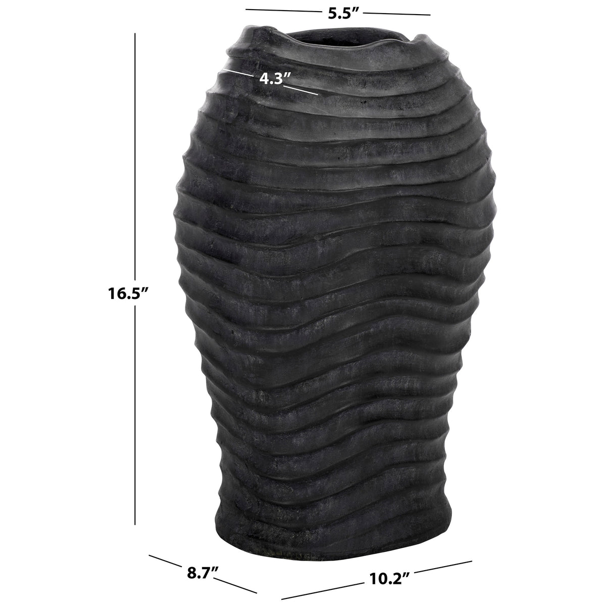 Ribbed black planter measures 10.2 inches wide, 8.7 inches deep, and 16.5 inches tall || PAT5043E || dimension_studio