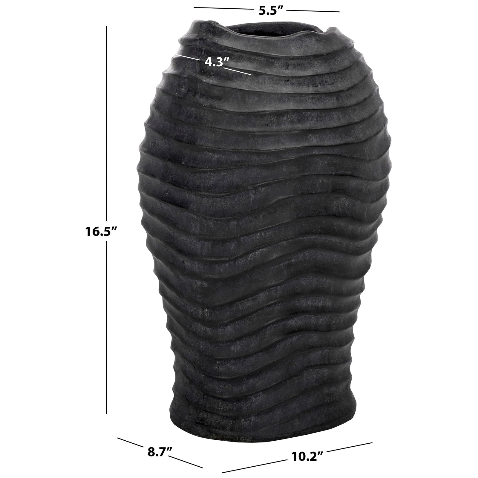 Ribbed black planter measures 10.2 inches wide, 8.7 inches deep, and 16.5 inches tall || PAT5043E || dimension_studio