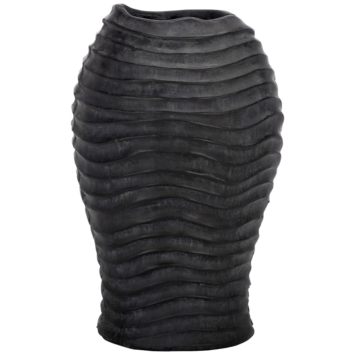 Tall black planter pairs a rounded oval silhouette with deeply sculpted horizontal waves || PAT5043E || front_studio