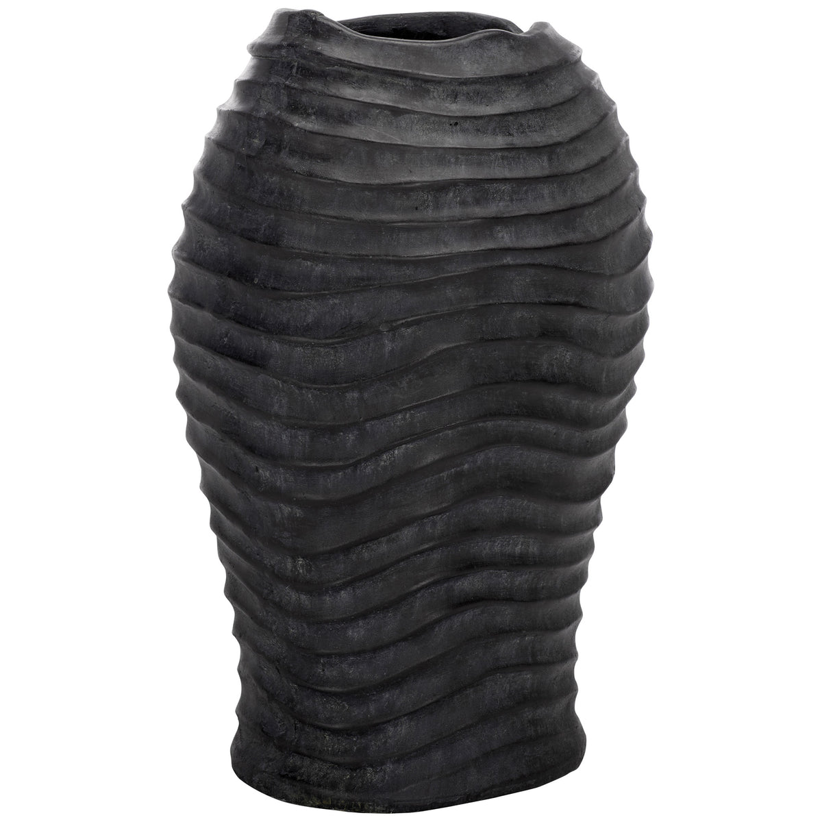 Flowing ridges wrap around the black planter's rounded body and narrow toward its base || PAT5043E || front_angle_studio