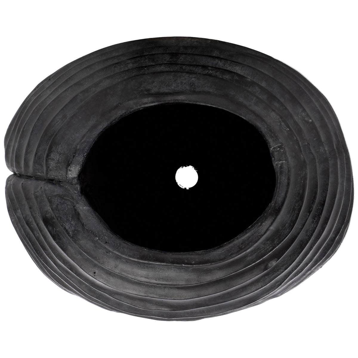 A sculpted oval opening frames the black planter's interior drainage hole || PAT5043E || top_studio