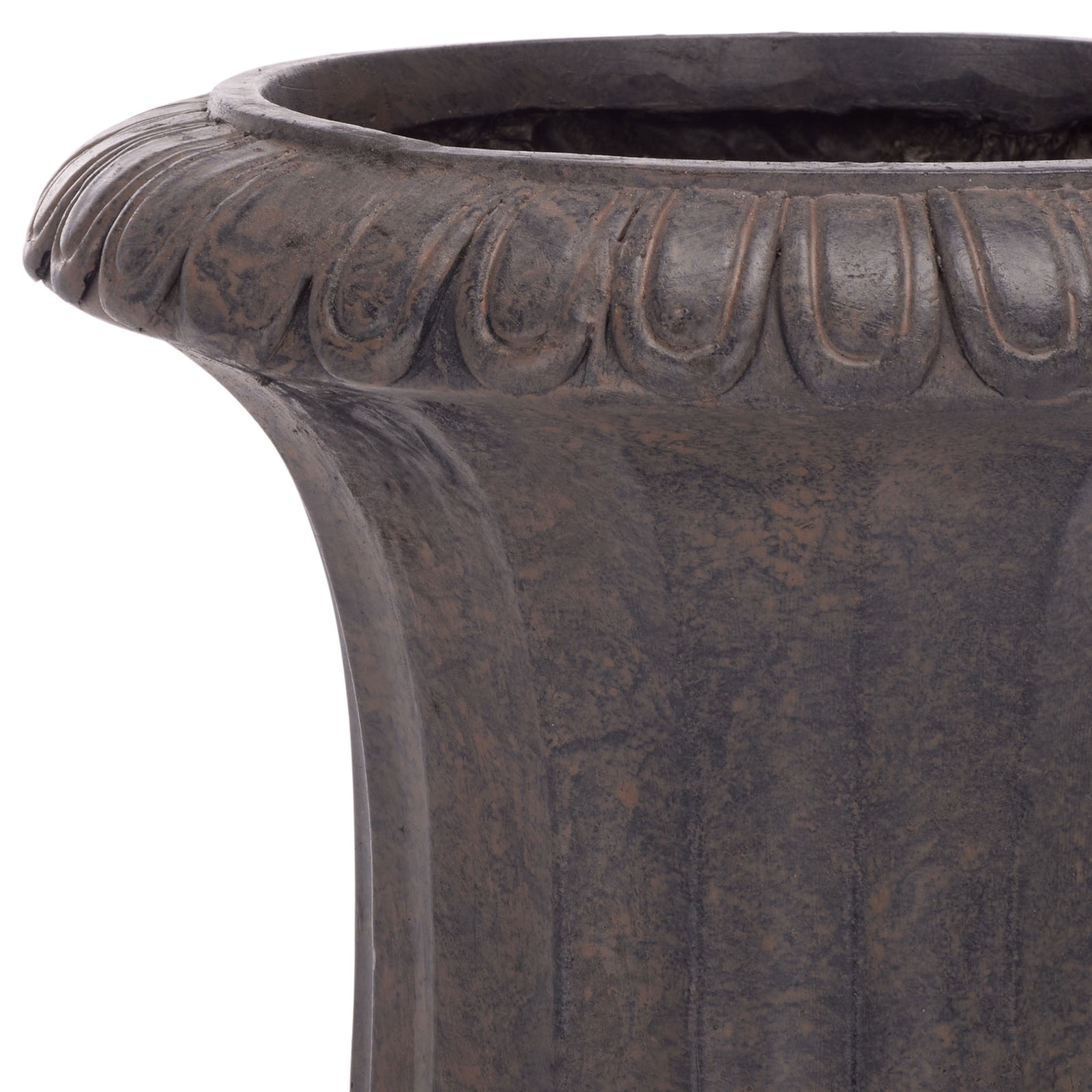 Raised scallops accent the brown planter's wide flared rim and gently grooved sides. || PAT5045B || detail_studio