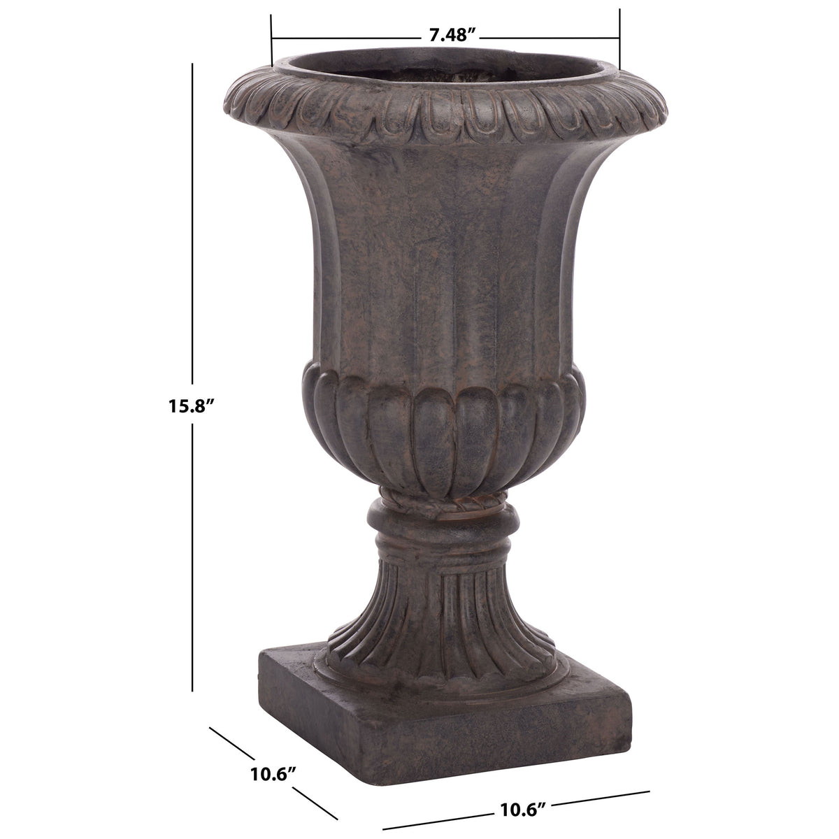 This brown pedestal planter stands 15.8 inches tall with a 10.6-inch square base and 7.48-inch opening. || PAT5045B || dimension_studio