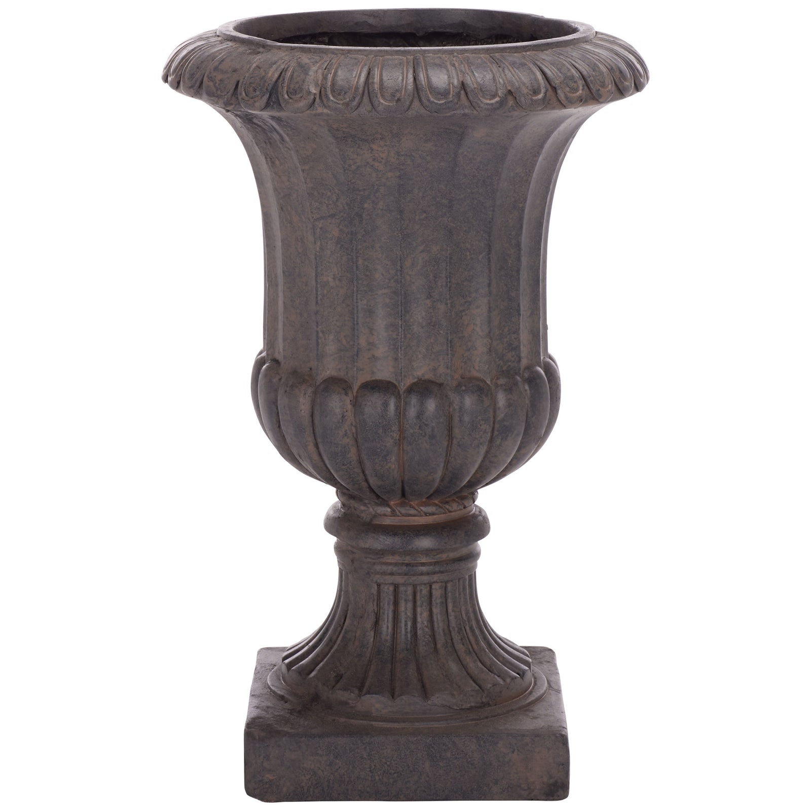 Earthy brown urn planter features a fluted bowl, ornate lip, and classic square pedestal base. || PAT5045B || front_studio