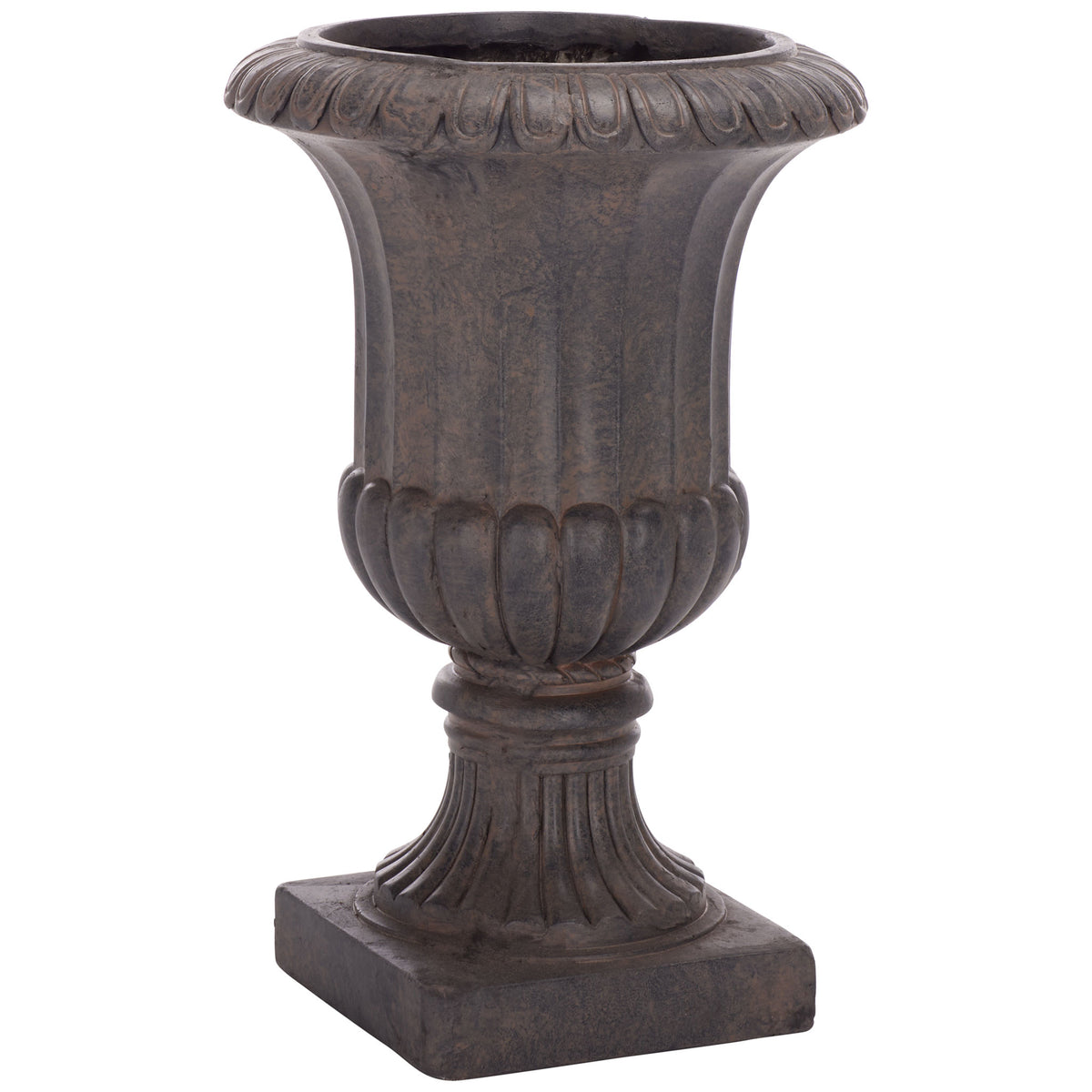 An antiqued brown finish enhances the planter's sweeping flared form and sculpted pedestal. || PAT5045B || front_angle_studio