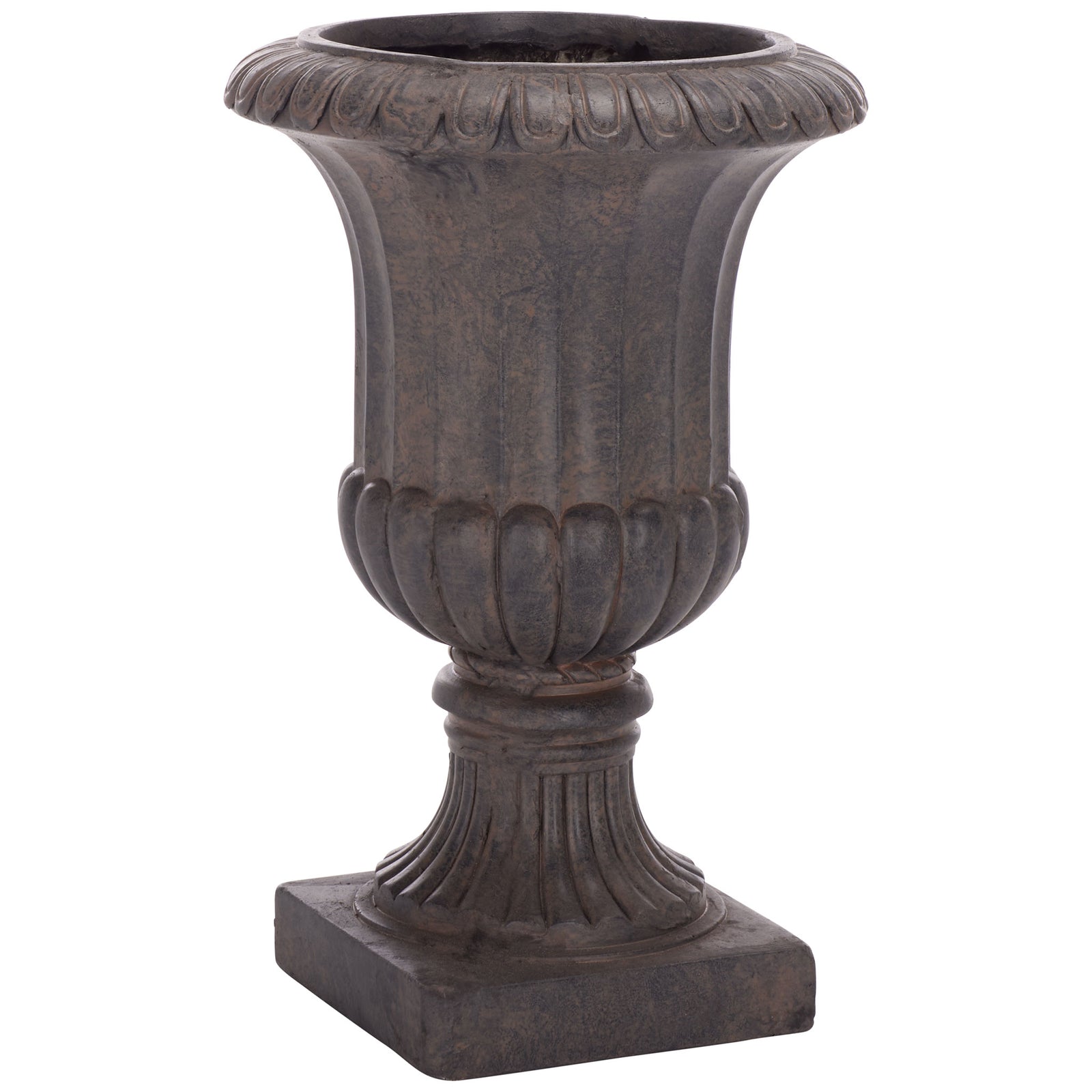 An antiqued brown finish enhances the planter's sweeping flared form and sculpted pedestal. || PAT5045B || front_angle_studio