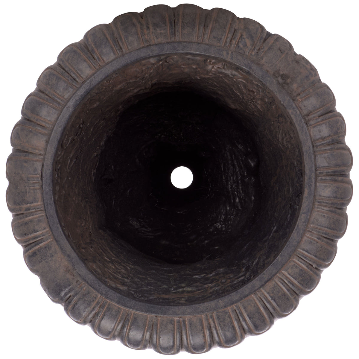 The brown planter's scalloped rim frames a deep vessel with a drainage hole at its base. || PAT5045B || top_studio