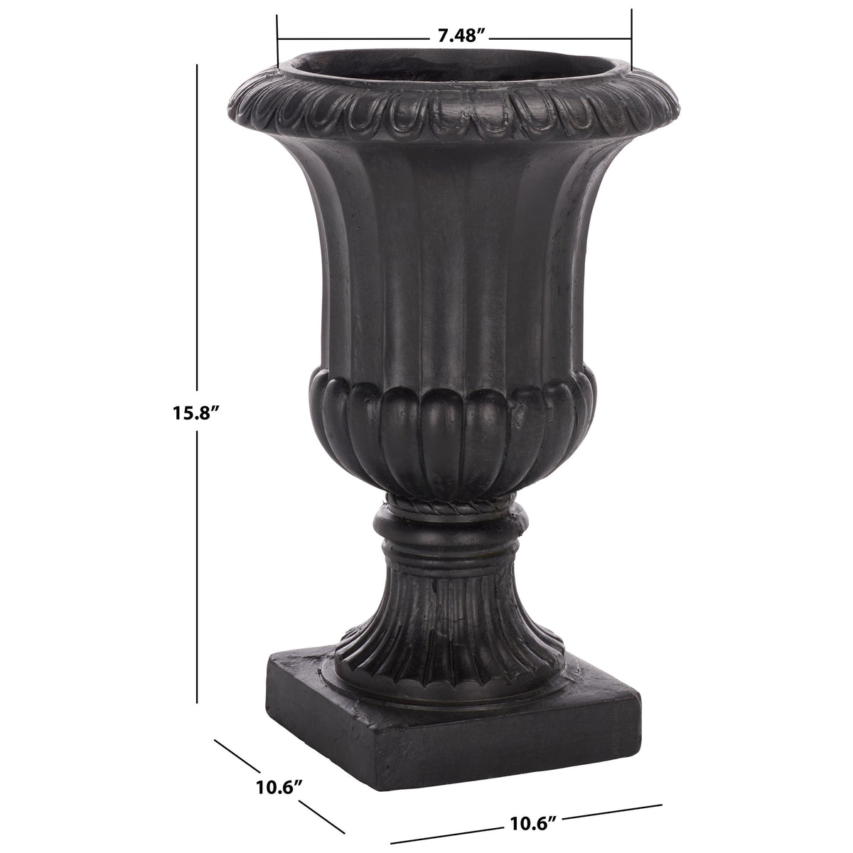 At 15.8 inches tall, the black planter has a 10.6-inch square base and a 7.48-inch opening. || PAT5045E || dimension_studio