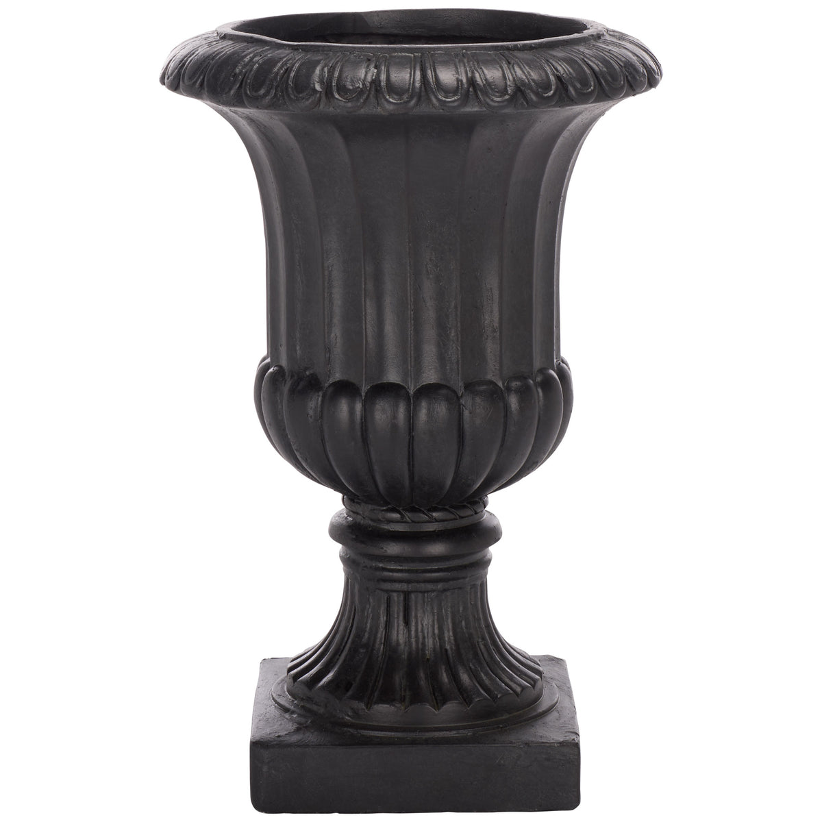 Black urn-shaped planter pairs a decorative flared rim and fluted bowl with a square pedestal base. || PAT5045E || front_studio