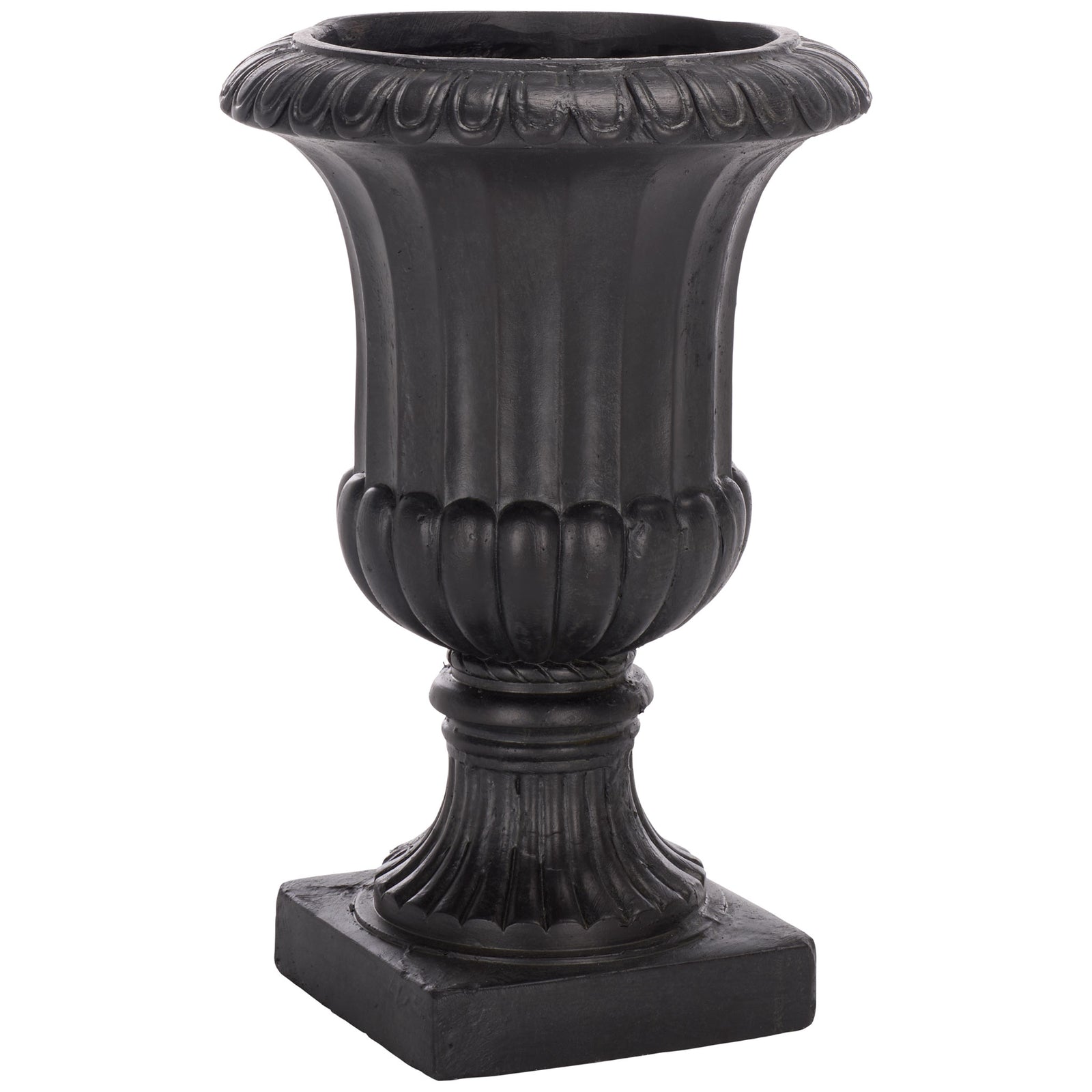 A broad flared opening crowns the black planter's curved bowl and tapered pedestal. || PAT5045E || front_angle_studio