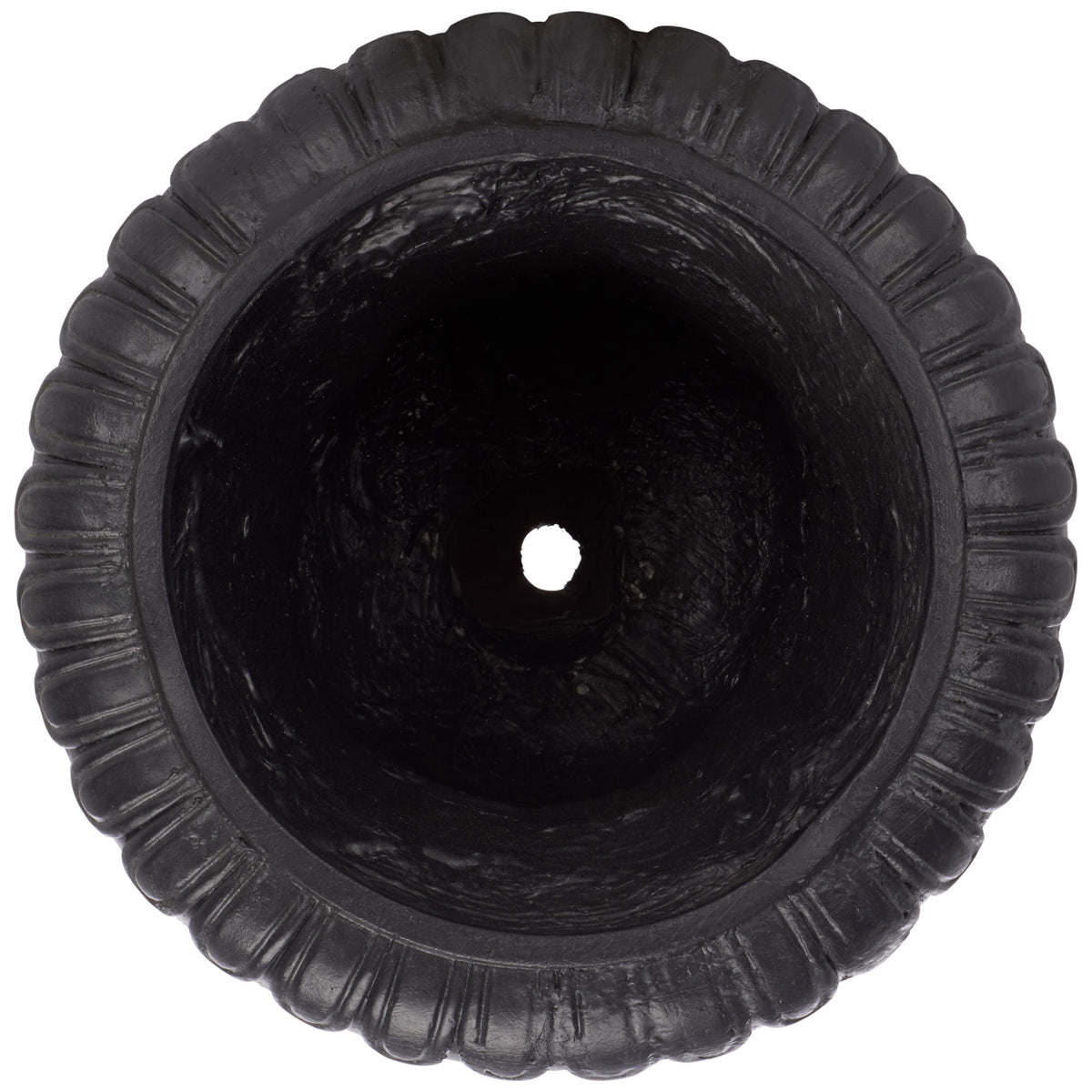 A ridged black rim surrounds the deep planting cavity and its central drainage hole. || PAT5045E || top_studio