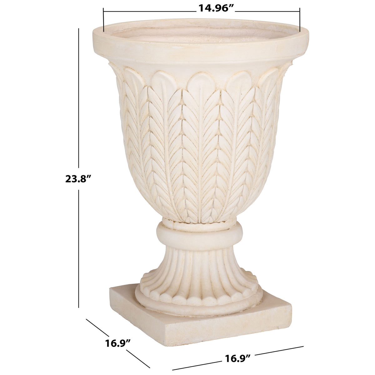 An off-white urn planter stands 23.8 inches tall on a 16.9-inch square base