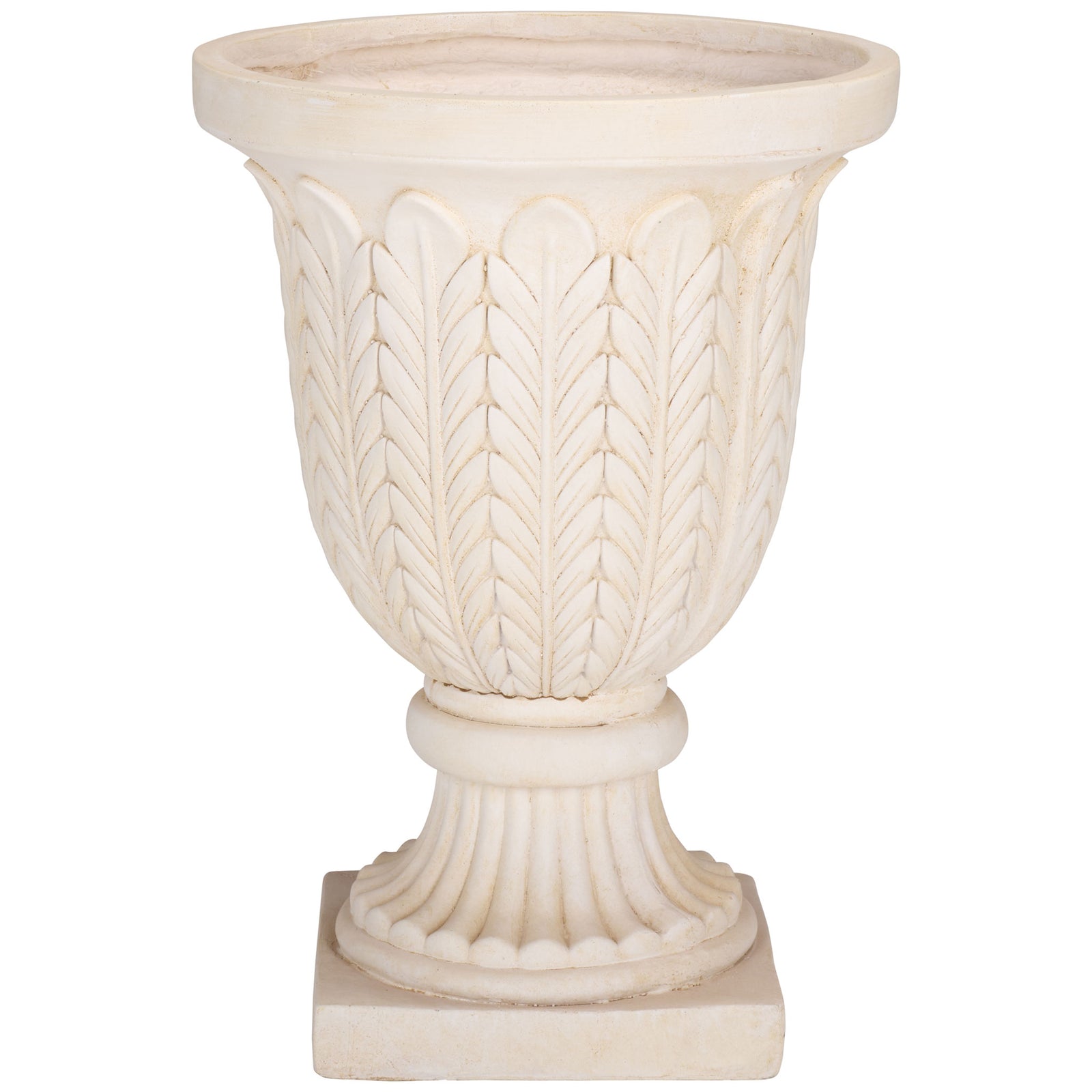 An off-white planter displays sculpted leaves above a fluted pedestal and square base || PAT5046A || front_studio