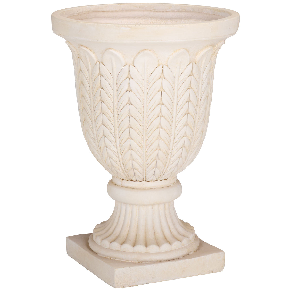 A wide-rimmed off-white urn brings sculpted foliage and classical pedestal detailing || PAT5046A || side_studio