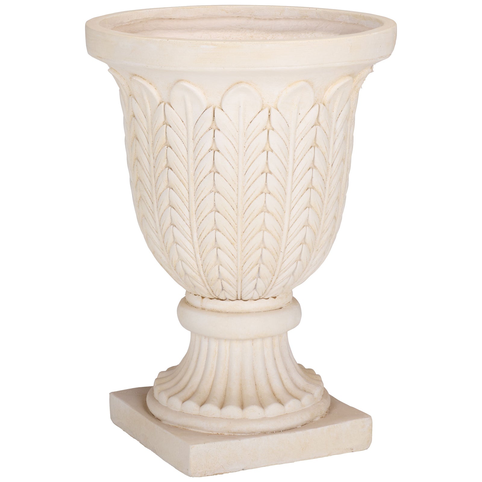 A wide-rimmed off-white urn brings sculpted foliage and classical pedestal detailing || PAT5046A || side_studio