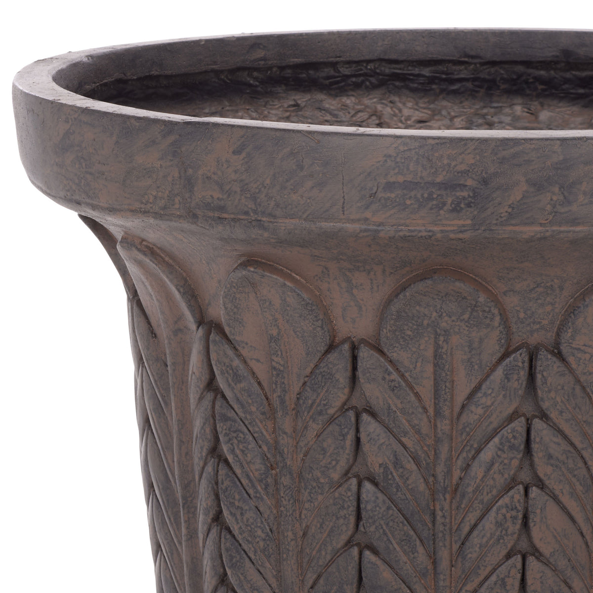 A substantial brown rim tops raised leaf detailing with a weathered, earthy finish || PAT5046B || detail_studio