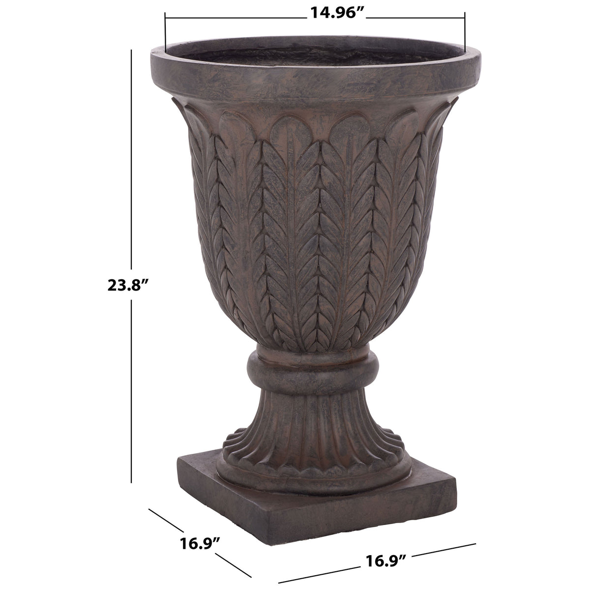 A brown urn planter stands 23.8 inches high on a 16.9-inch square base || PAT5046B || dimension_studio