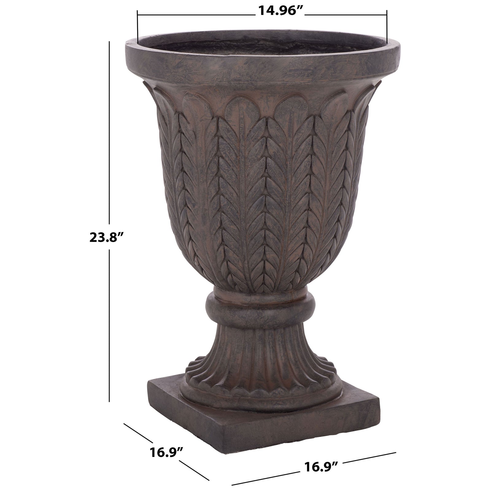 A brown urn planter stands 23.8 inches high on a 16.9-inch square base || PAT5046B || dimension_studio