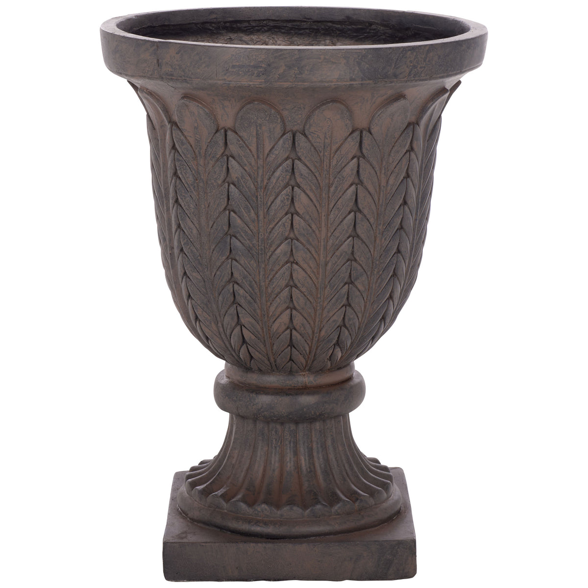 A brown urn planter showcases layered leaf relief and a sculpted pedestal base || PAT5046B || front_studio