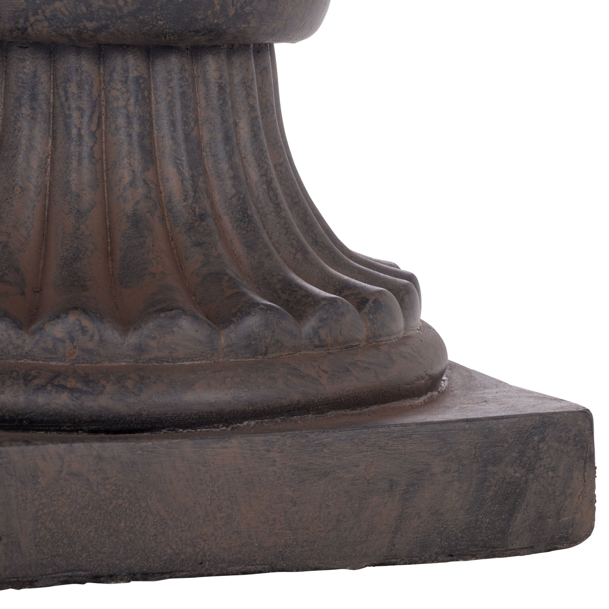 The weathered brown finish accentuates fluting above the planter's square base