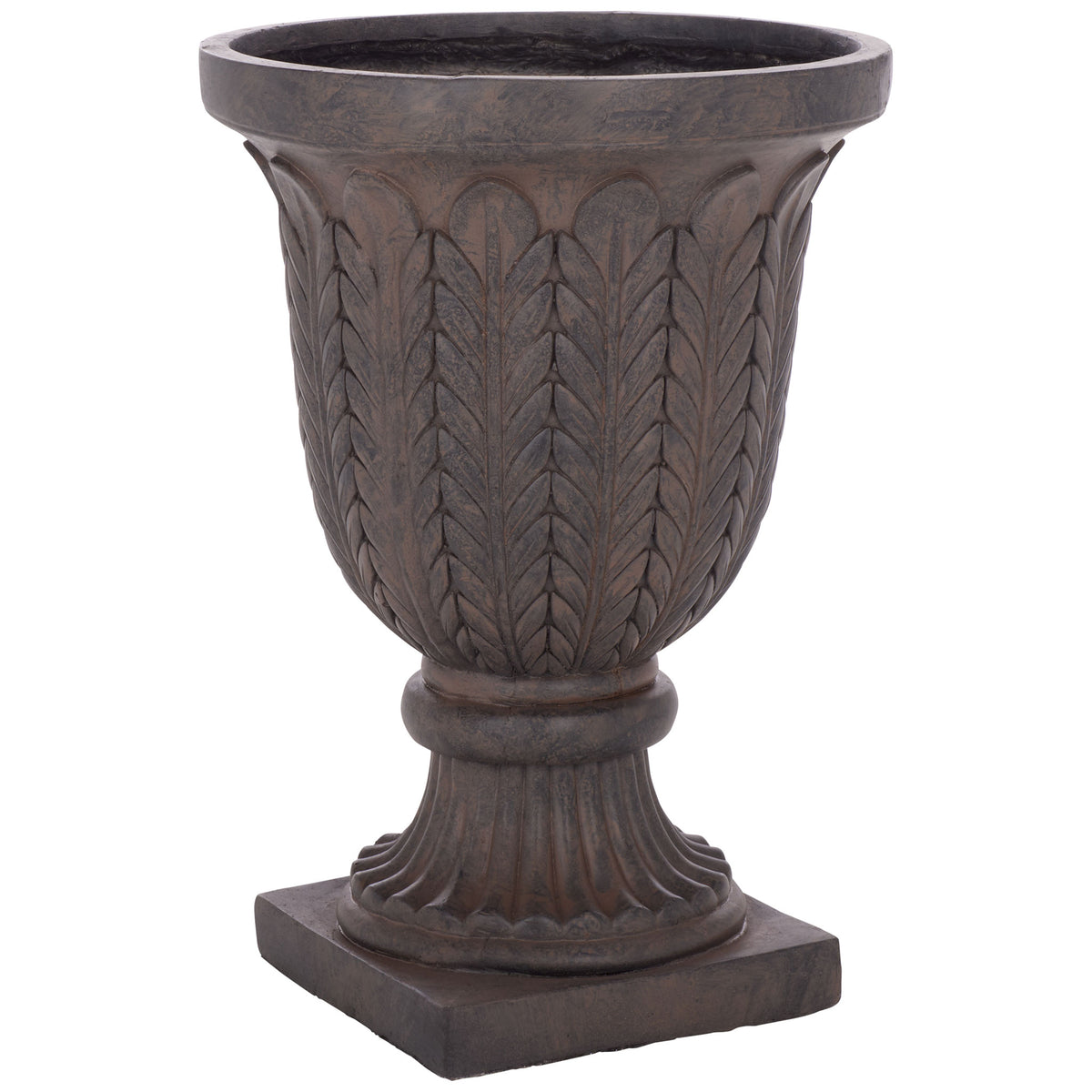 A richly textured brown urn pairs a broad rim with a fluted pedestal || PAT5046B || side_studio
