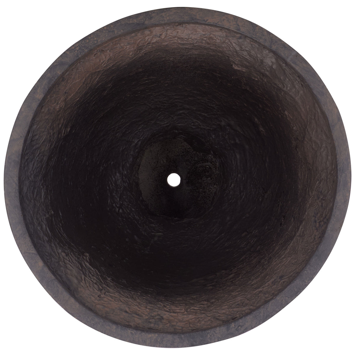 A wide brown planting bowl reveals a deep interior and a central drainage hole || PAT5046B || top_studio
