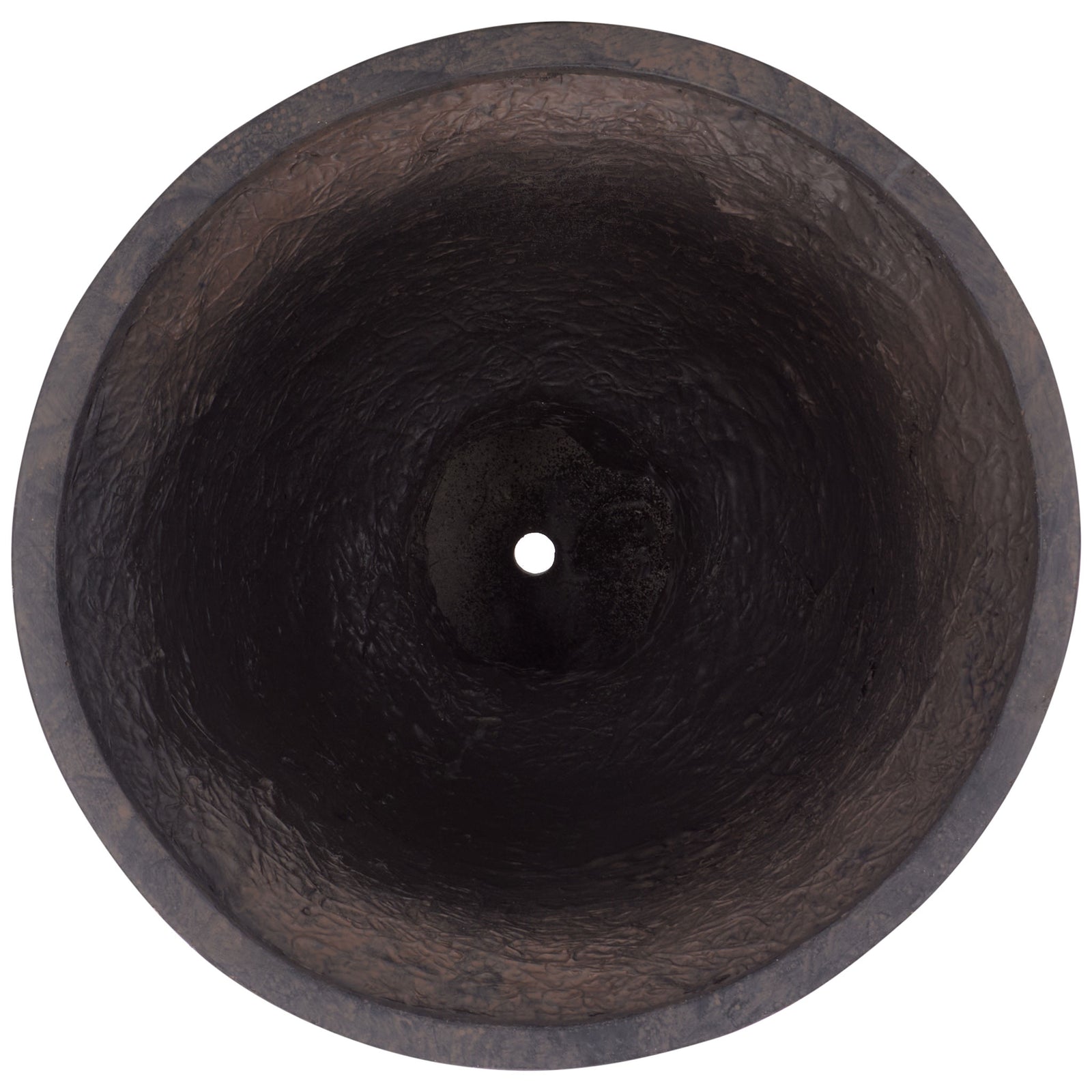 A wide brown planting bowl reveals a deep interior and a central drainage hole || PAT5046B || top_studio